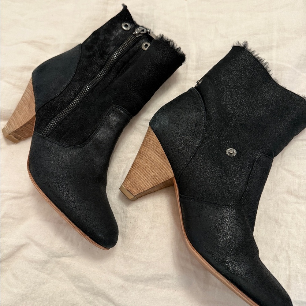 Matt Bernson Black Heeled Boots with Wooden Accents
